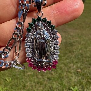 Silver Virgin Mary Pendant Necklace with Green and Pink Accents